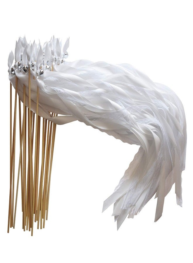 Kingsnow 50 Pack White Lace Ribbon Wands Wedding Streamers with Silver Bells, Silk Fairy Stick Wish Wands for Wedding Send off Party Activities Holiday Celebration - Image 5